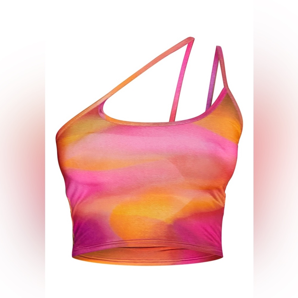 Pretty Little Thing pink abstract pint slinky asymmetric strap detail crop sz 8